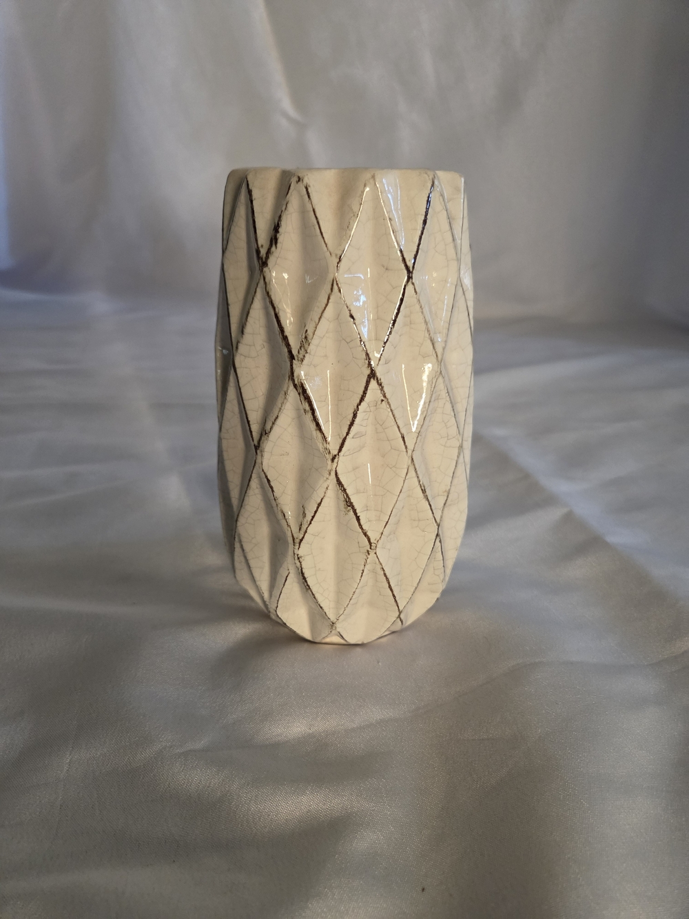 Ashland Cream Ceramic Vase with Brown Diamond Pattern